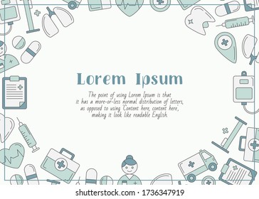 Medicina - tarjeta horizontal con texto e ilustraciones de color vectorial de ambulancia para diseño gráfico