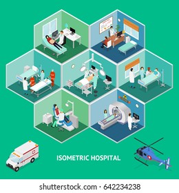 Medicine Hospital Concept Isometric View Indoor Structure Room Interior Clinic Emergency Center. Vector illustration