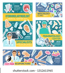 Médicos del hospital de medicina, vector. Otorrinolaringología, traumatología, acupuntura e infecciología. Herramientas médicas y rayos X, órganos y gérmenes, huesos y agudos, sillas de ruedas y pastillas