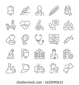 Medicine and hospital services icons set. Line style