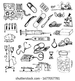 Medicine or hospital. Treatment of patients or taking samples of tests in people. Fighting the virus. Doodle. A set of hand-drawn images