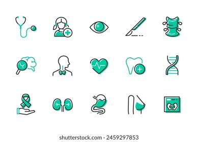 Medicine and the human body - set of line design style icons on white background. Medical professions. Therapist, ophthalmologist, surgeon, cardiologist, dentist, oncologist, gastroenterologist images