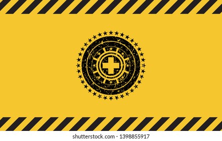 medicine icon black grunge emblem, yellow warning sign. Vector Illustration. Detailed.