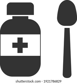 Medicine icon in a bottle with a measuring spoon. Treatment of people from diseases. Isolated vector image on a white background.