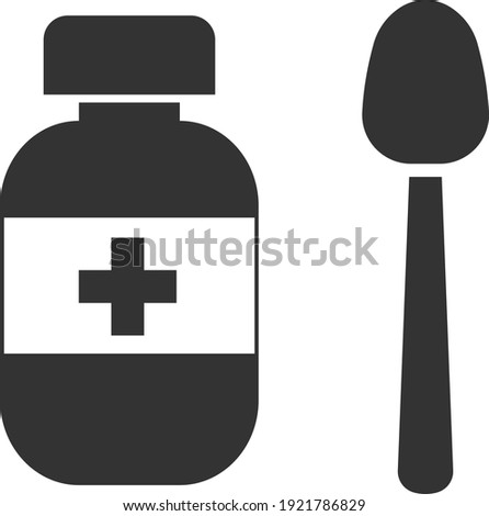 Medicine icon in a bottle with a measuring spoon. Treatment of people from diseases. Isolated vector image on a white background.