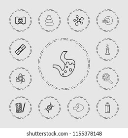 Medicine Icon. Collection Of 13 Medicine Outline Icons Such As Paints, Case With Heart, Bandage, Atom, Dna, Spa Stones. Editable Medicine Icons For Web And Mobile.