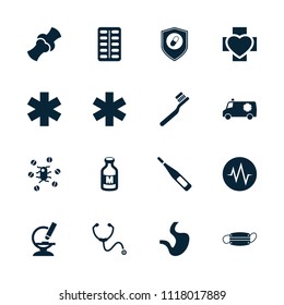 Medicine icon. collection of 16 medicine filled icons such as toothbrush, bone, medical sign, milk, microscope, health insurance. editable medicine icons for web and mobile.