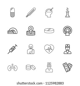 Medicine icon. collection of 16 medicine outline icons such as syringe, mri, bandage, doctor, medical reflector, tablet, heartbeat. editable medicine icons for web and mobile.