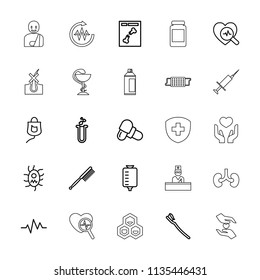 Medicine icon. collection of 25 medicine outline icons such as toothbrush, pill, drop counter, tooth brush, x ray, heart test tube. editable medicine icons for web and mobile.