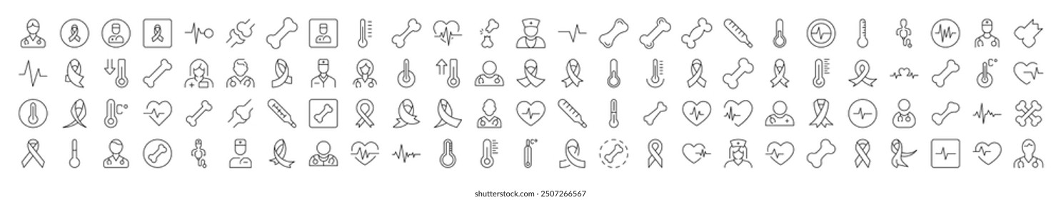 Medicine Icon Collection. Contains Icons of Pink Ribbon, Thermometer, Bone, Doctor, Ill, Cardiogram that Can Be Used for Design of Cards, Posts, Apps, Web Sites