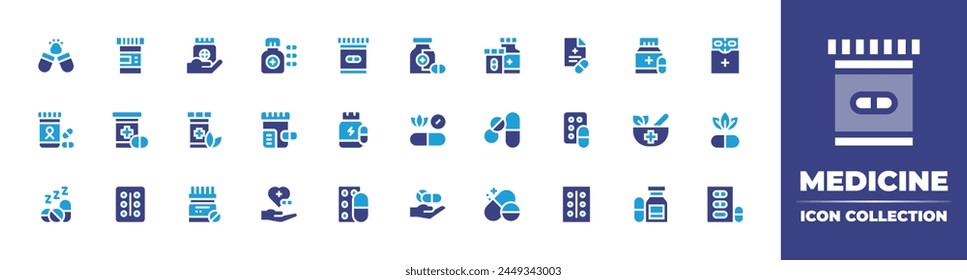 Medicine icon collection. Duotone color. Vector illustration. Containing drug, treatment, prescription, sleepingpills, drugs, pills, medicine, pill, protein, naturalmedicine, capsules.