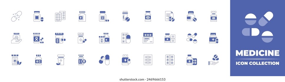 Medicine icon collection. Duotone style line stroke and bold. Vector illustration. Containing pills, drugs, use, medicine, tablets, prescription, protein, capsules, capsule, naturalmedicine, medicines