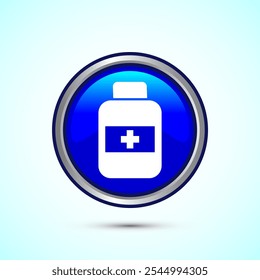 Ilustración de diseño de icono de medicina, símbolos farmacéuticos y de tratamiento. Diseño de Botón redondo de color azul