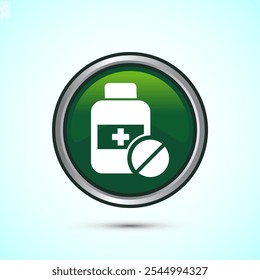 Ilustración de diseño de icono de medicina, símbolos farmacéuticos y de tratamiento. Diseño de Botón redondo de color verde