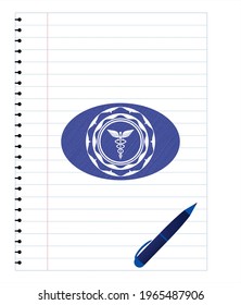 medicine icon drawn with pen. Blue ink. Vector Illustration. Detailed. 