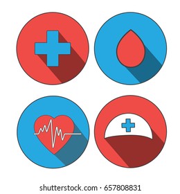 medicine icon flat set. World blood donor day, Doctor day. Stickers for site design. Medical concept.