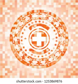 medicine icon inside abstract emblem, orange mosaic background