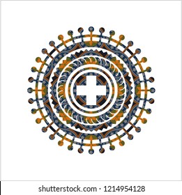 medicine icon inside arabic badge background. Arabesque decoration.