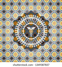 medicine icon inside arabic badge background. Arabesque decoration.