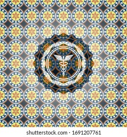 medicine icon inside arabic emblem background. Arabesque decoration.