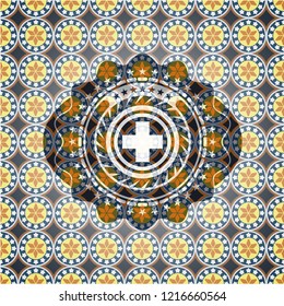 medicine icon inside arabic style emblem. Arabesque decoration.