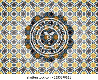 medicine icon inside arabic style emblem. Arabesque decoration.