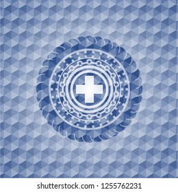 medicine icon inside blue badge with geometric pattern background.
