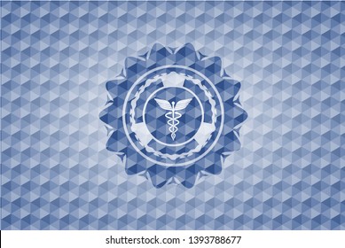 medicine icon inside blue badge with geometric pattern.