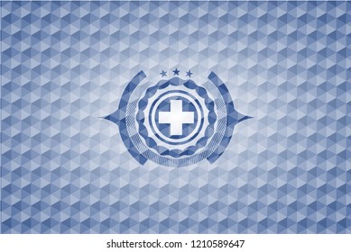 medicine icon inside blue emblem or badge with geometric pattern background.