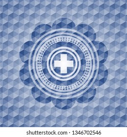 medicine icon inside blue emblem with geometric pattern.