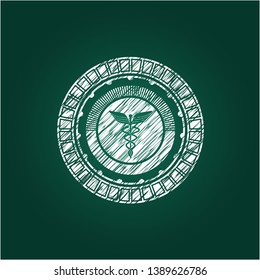 medicine icon inside chalkboard emblem on black board