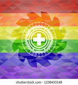 medicine icon inside emblem on mosaic background with the colors of the LGBT flag