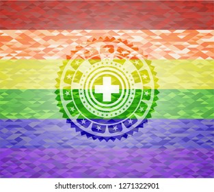 medicine icon inside emblem on mosaic background with the colors of the LGBT flag