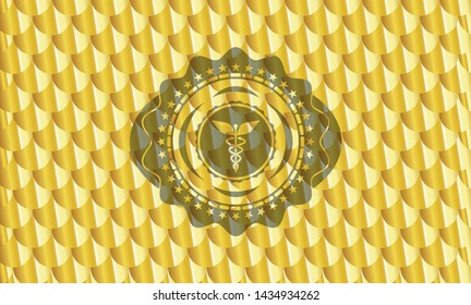 medicine icon inside gold shiny badge. Scales pattern. Vector Illustration. Detailed.