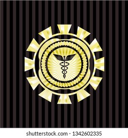 medicine icon inside golden emblem or badge