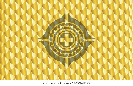 medicine icon inside golden emblem. Scales pattern. Vector Illustration. Detailed.