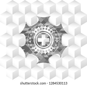 medicine icon inside grey badge with geometric cube white background