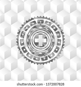 medicine icon inside grey badge with geometric cube white background