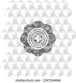 medicine icon inside grey emblem with cube white background
