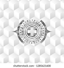 medicine icon inside grey emblem with cube white background