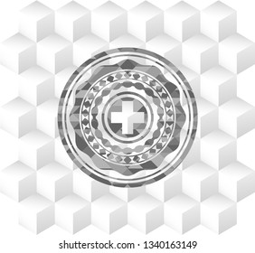 medicine icon inside grey emblem with cube white background