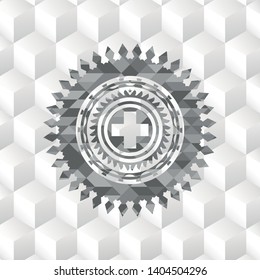 medicine icon inside grey emblem with cube white background