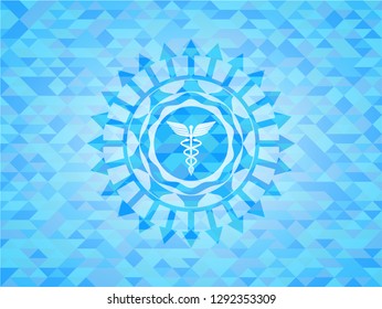 medicine icon inside light blue emblem. Mosaic background