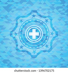 medicine icon inside light blue emblem with mosaic ecological style background