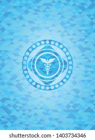 medicine icon inside light blue emblem. Mosaic background