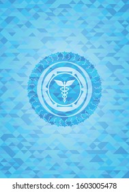 medicine icon inside light blue emblem. Mosaic background