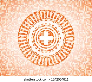 medicine icon inside orange mosaic emblem with background