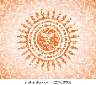 medicine icon inside orange tile background illustration. Square geometric mosaic seamless pattern with emblem inside.