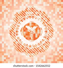 medicine icon inside orange tile background illustration. Square geometric mosaic seamless pattern with emblem inside.