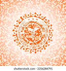 medicine icon inside orange tile background illustration. Square geometric mosaic seamless pattern with emblem inside. 